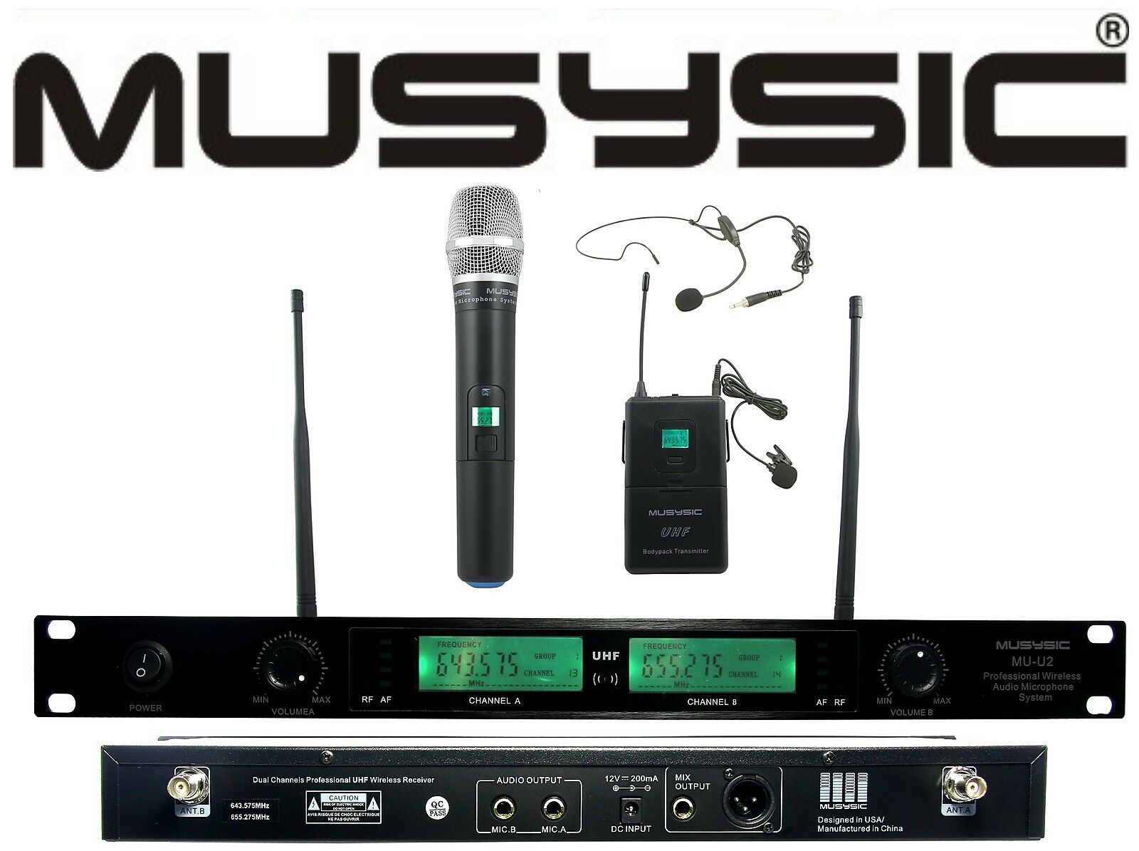 2 Channel Dual UHF Wireless Microphone System With Handheld